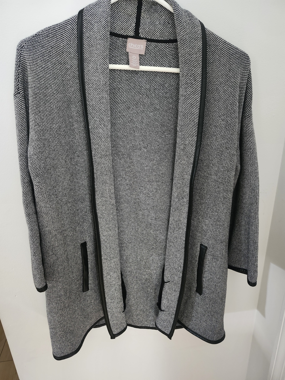 Chico's Black-Trim Gray Open-Front Cardigan